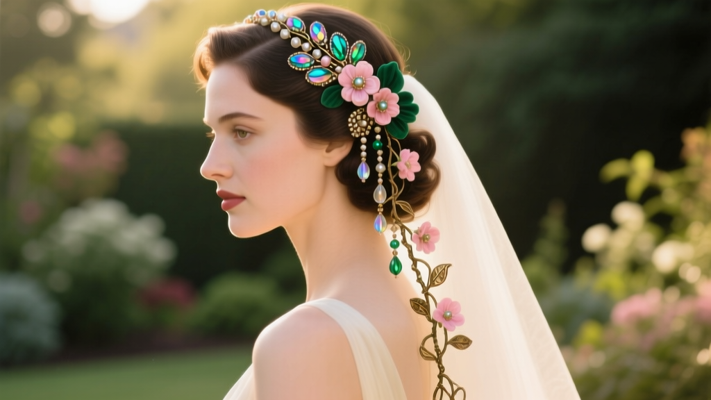 A bride wearing a custom upcycled 1940s Miriam Haskell floral corsage converted into a delicate hair vine, soft natural lighting.