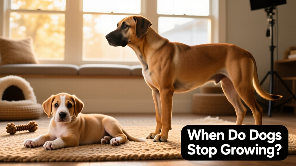 Side-by-side comparison showing a 12-week-old puppy and the same dog at 12 months, highlighting proportional changes in size and musculature