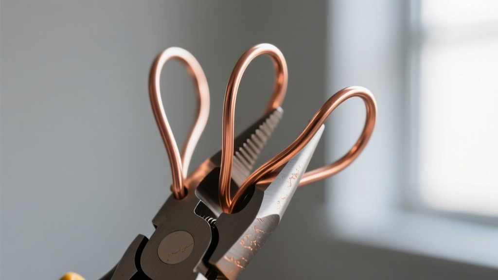 Close-up of 18-gauge copper ear wires shaped with nylon-jaw pliers, showing the precise wire thickness and smooth rounded ends