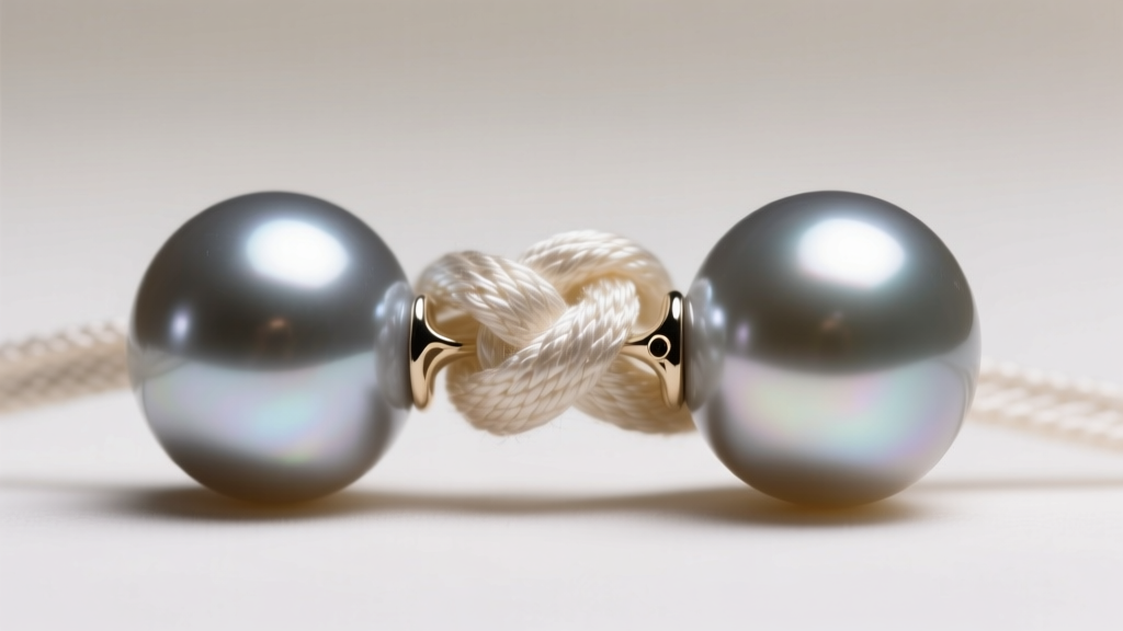 Macro view of a silk knot between two grey baroque pearls, showing 0.8mm drill holes and bright luster under warm, soft lighting
