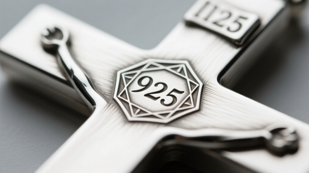 Macro shot of the back of an Italian silver crucifix showing the 925 stamp and polygonal maker