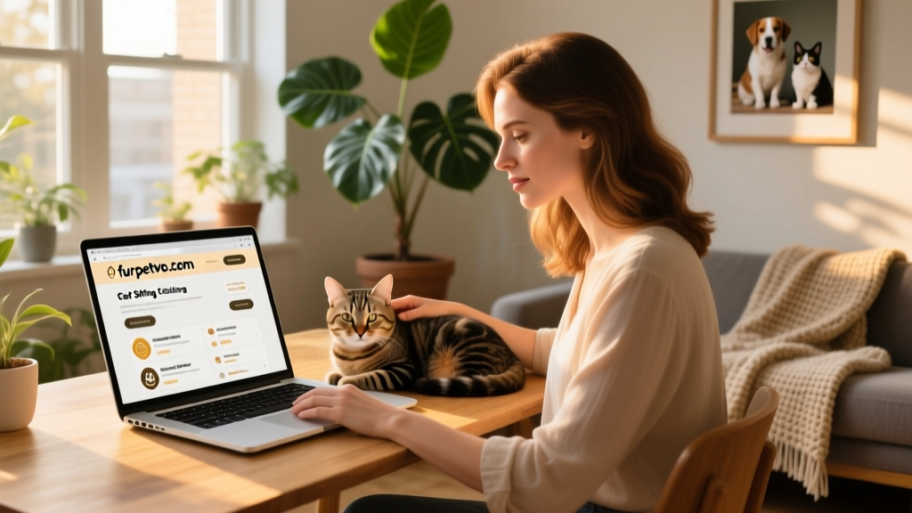 Owner using furpetvo.com to find a cat sitter while reviewing listing details on a laptop