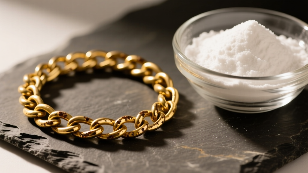 Close-up of a tarnished 14k yellow gold curb chain on dark slate next to a glass bowl of white baking soda powder in soft lighting.