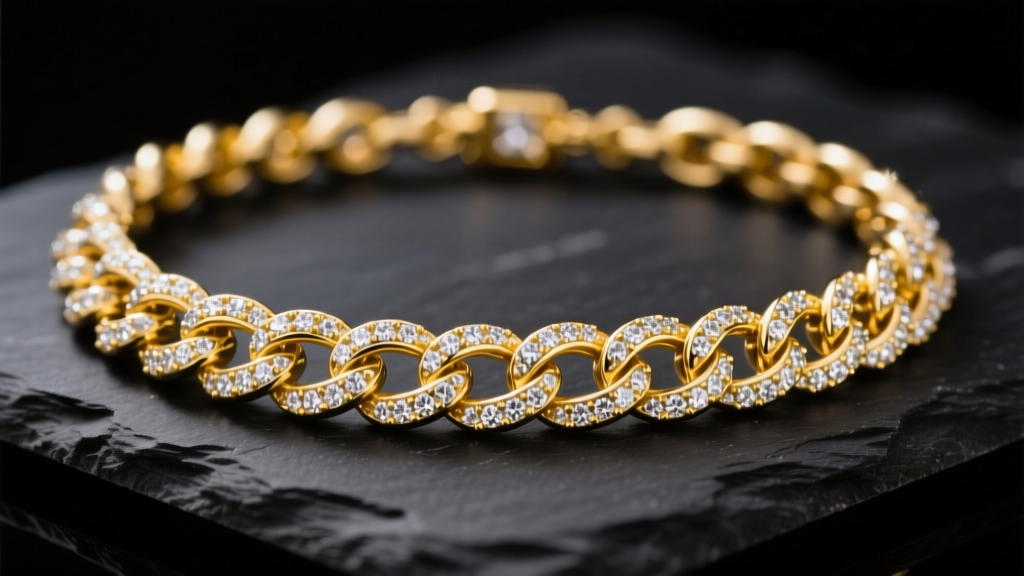 Macro shot of a 14k yellow gold Cuban link necklace with micro-pave diamonds resting on dark slate under bright studio lighting.