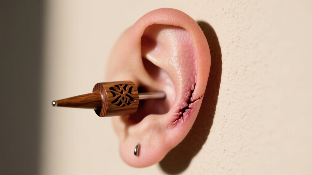 Side profile of a healed 00-gauge earlobe wearing a carved wooden plug, highlighting healthy tissue thickness and even stretching