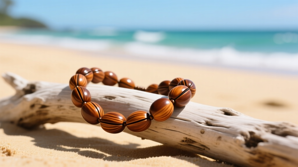 Macro shot of a polished brown kukui nut lei necklace with a natural sheen draped over driftwood on a sunny sandy beach
