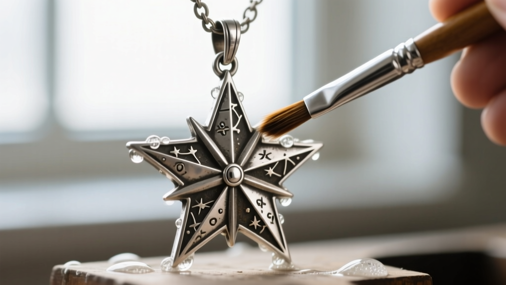 Jeweler brush gently cleaning the intricate crevices of an oxidized sterling silver compass star pendant with mild soap solution.