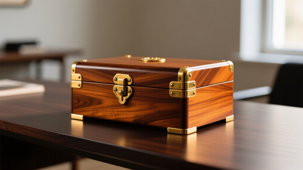 Close-up of a restored mahogany vintage style jewelry box with polished brass hinges on a dark oak desk under warm lighting.