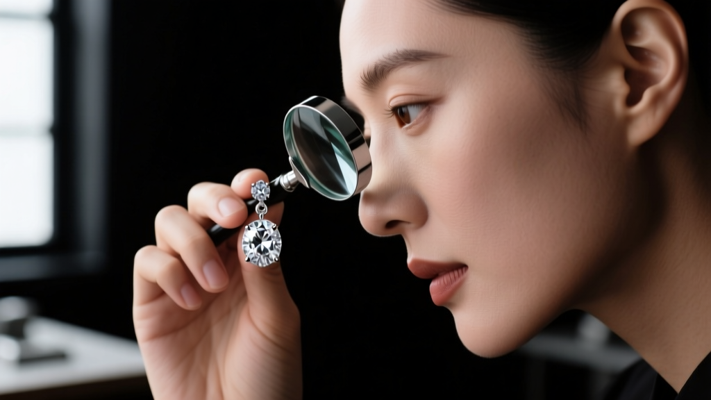 Jeweler using a 10x loupe to inspect a classic diamond drop earring against a matte black background in a professional workshop.