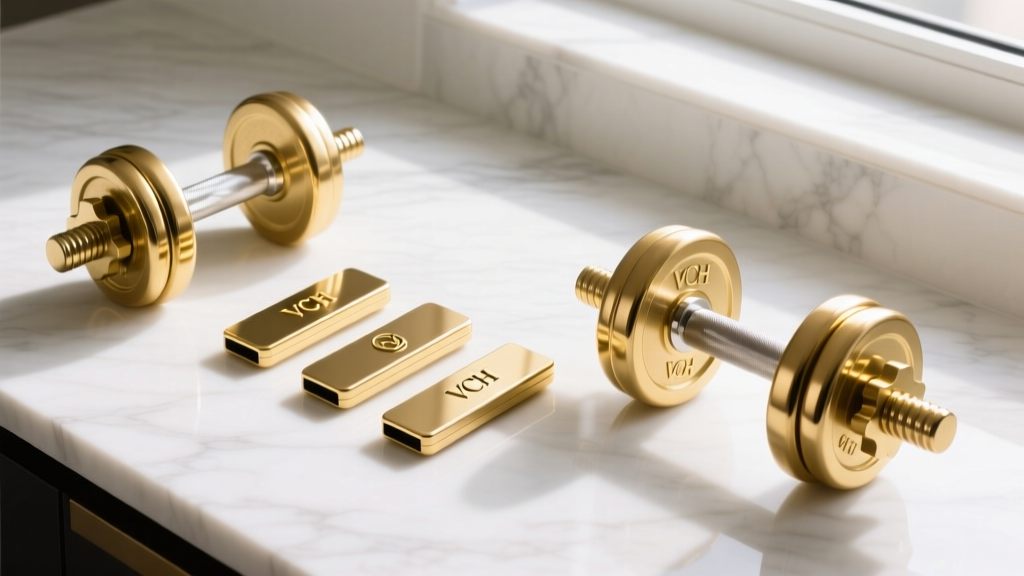 Flat lay of three premium gold VCH clickers and curved barbells from luxury brands, arranged neatly on a white marble surface