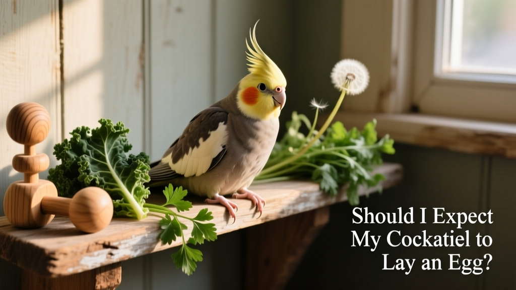 Healthy cockatiel resting peacefully on a perch, surrounded by natural wood toys and fresh greens