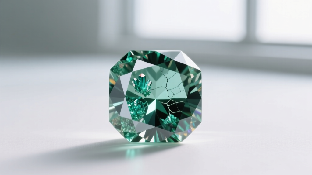 Macro shot of a two-carat emerald-cut gemstone showing natural jardin inclusions under a jeweler