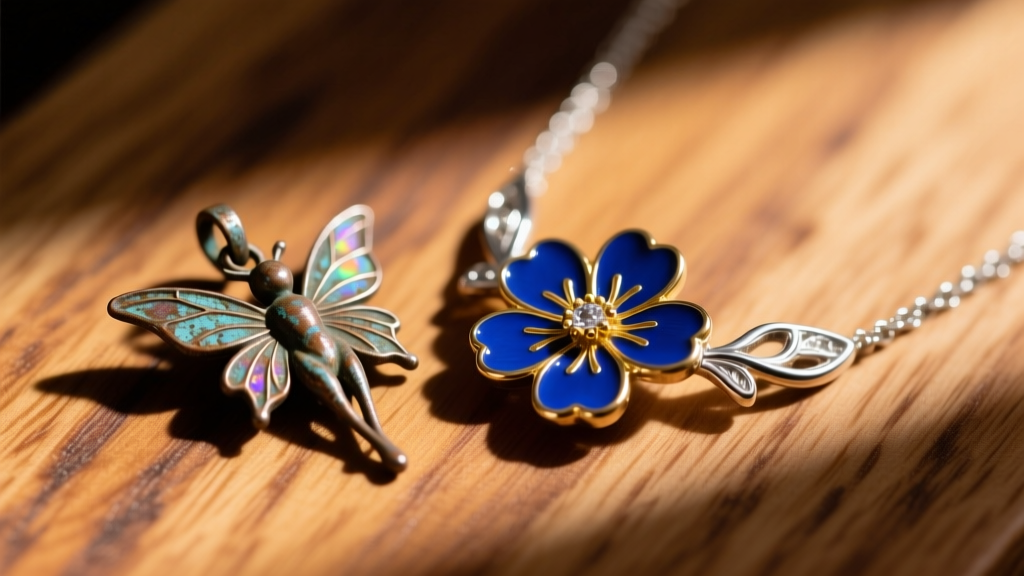 Macro shot comparing a tarnished zinc alloy fairy pendant to a polished 925 sterling silver enameled flower necklace on oak wood