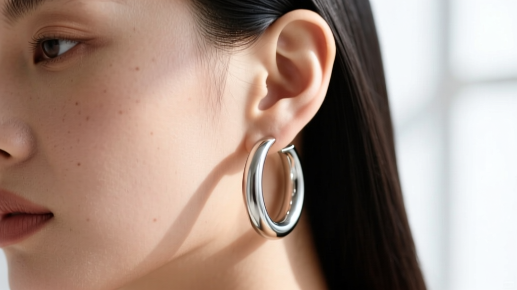 Close-up of a model wearing a large lightweight titanium hoop earring, showing the earlobe resting naturally without sagging.