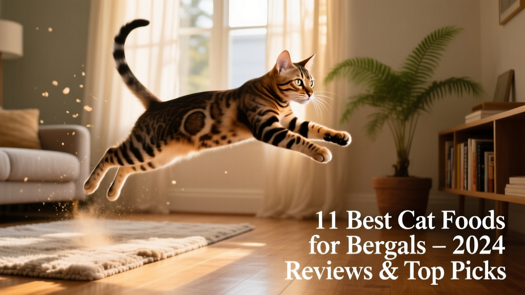 A Bengal cat mid-leap, captured in motion against a sunlit living room backdrop