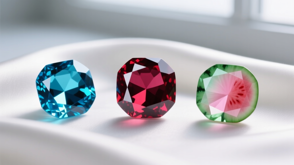 Macro shot of three tourmaline gems: a neon blue Paraiba, deep red rubellite, and bi-color watermelon slice on white silk fabric.