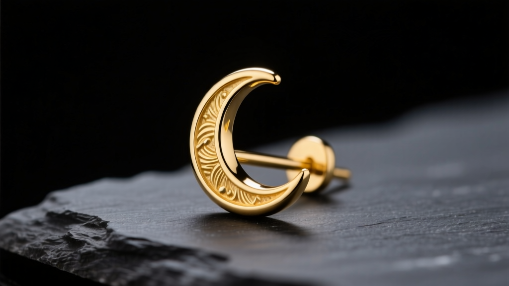 Macro shot of a delicate 14k yellow gold crescent moon stud earring resting on dark slate under soft directional studio lighting