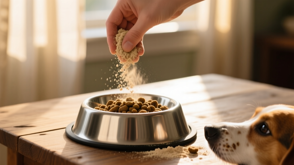 Hand sprinkling a natural-looking powder onto kibble in a stainless steel bowl