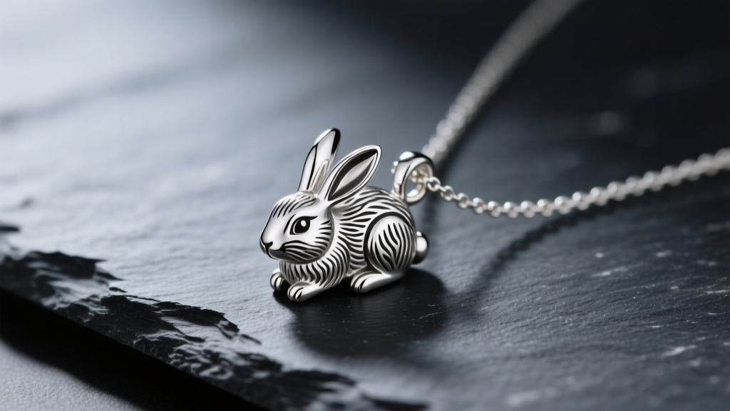Macro photography of a highly detailed 925 sterling silver rabbit necklace pendant resting on dark slate, soft studio lighting