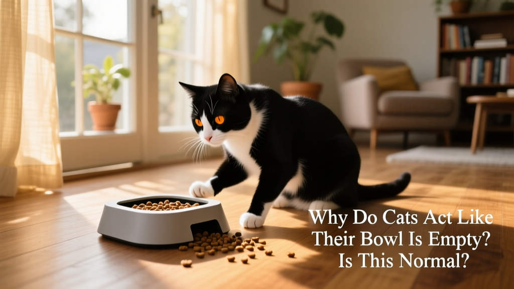 Cat intently working a puzzle feeder on a quiet, sunlit floor beside a window