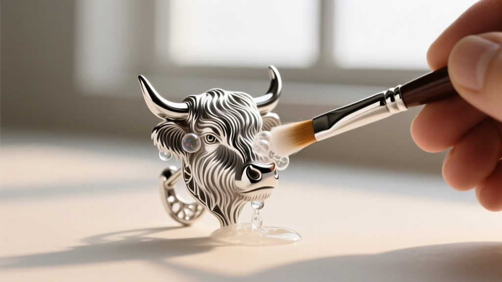 Jeweler using a soft brush and soapy water to clean the textured fur crevices of a detailed silver highland cow stud earring.