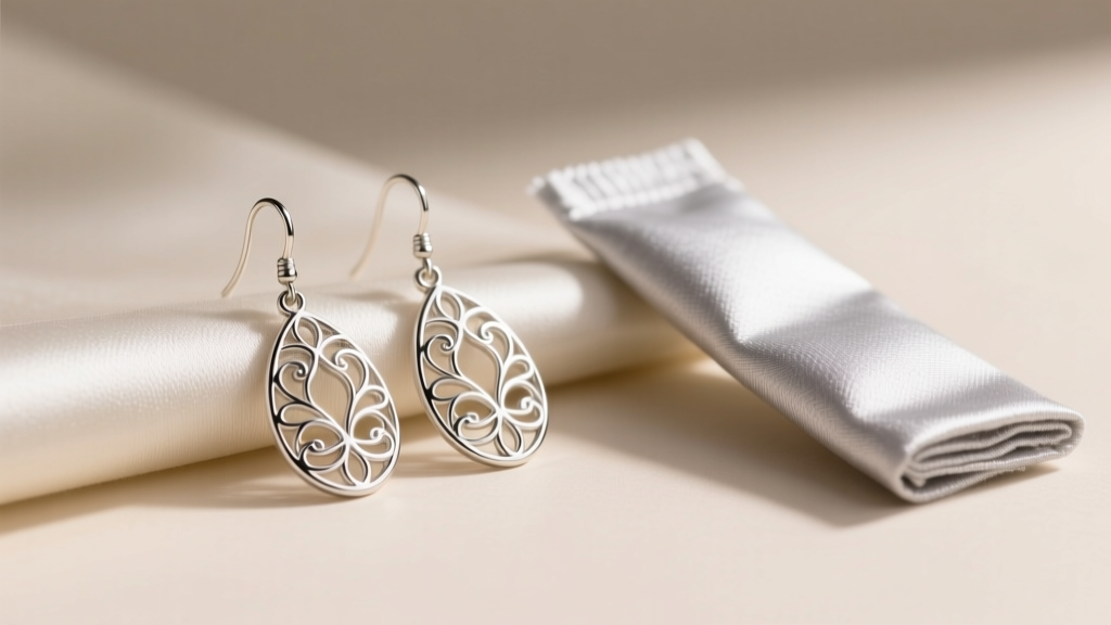 Ornate 925 Italy filigree drop earrings resting on an anti-tarnish cloth, next to a specialized microfiber silver polishing wipe.