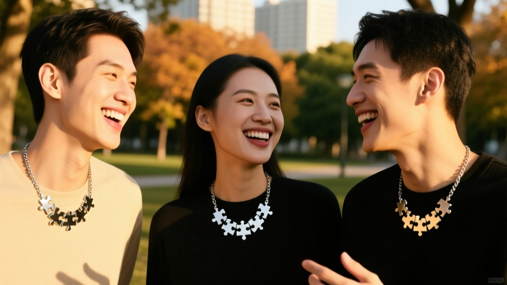 Three friends wearing matching steel puzzle necklaces, golden hour lighting, candid laughter, sharp focus on the collarbone area.