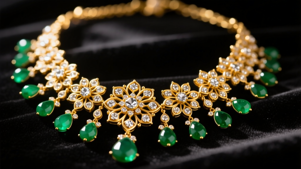 Close-up of an intricate 22k gold Kundan necklace with uncut diamonds and emerald drops, resting on dark velvet, studio lighting