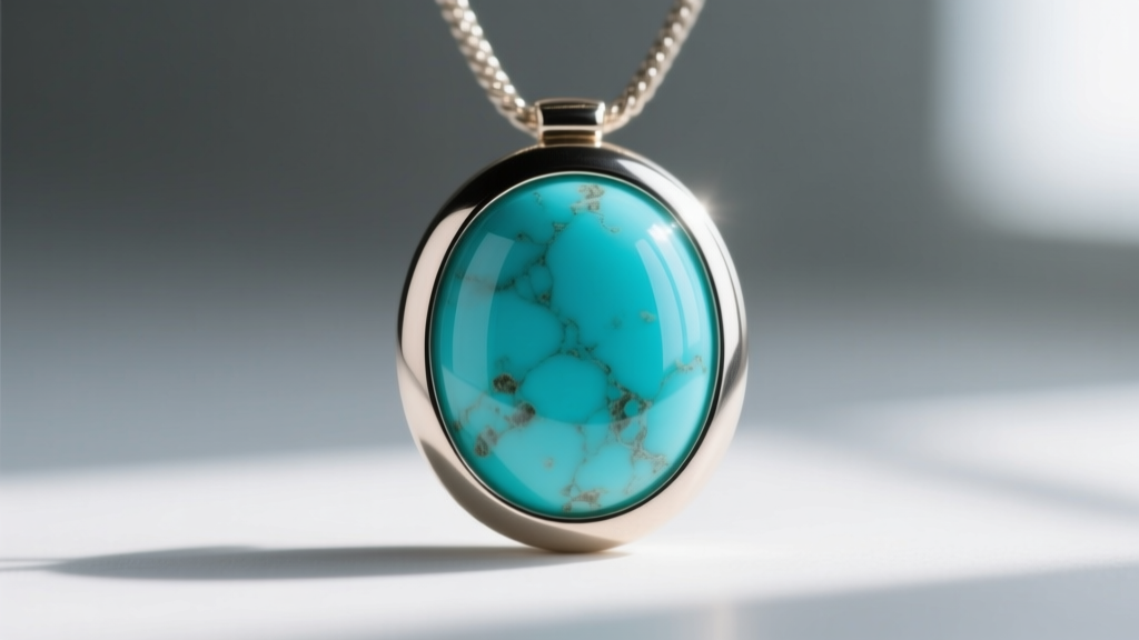 Detailed view of a secure full-bezel setting holding a turquoise cabochon pendant showing the smooth metal rim wrapping the stone
