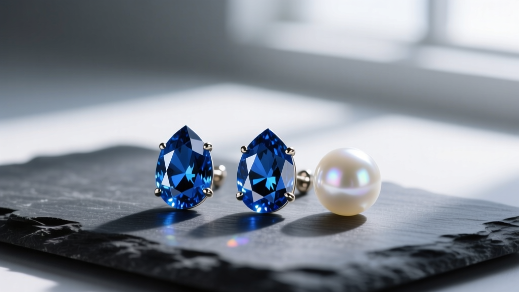 Macro shot of sapphire and pearl drop earrings on dark slate, highlighting blue corundum facets and creamy Akoya pearl luster