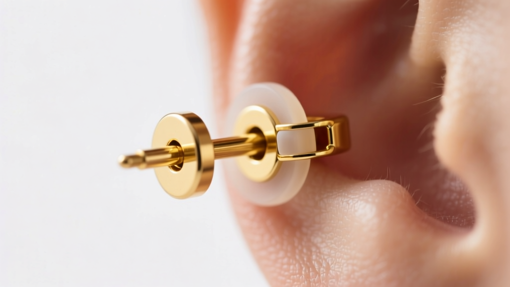 Macro shot of an 18-gauge gold earring post secured with a silicone earlobe support patch and a specialized locking clutch back.