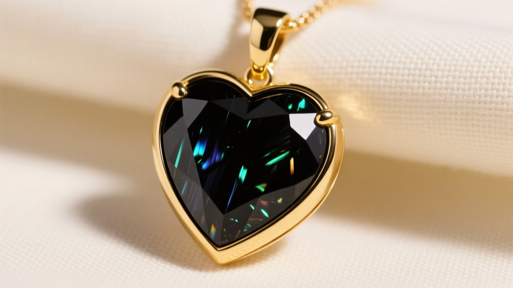 Asymmetrical black tourmaline heart pendant in a thick 14k yellow gold bezel setting, shown against a soft cream linen background