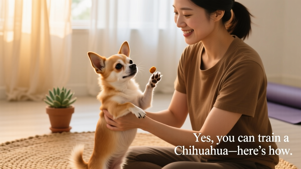 A trainer gently holding a Chihuahua's paw while offering a treat, demonstrating positive handling during a short, joyful training session