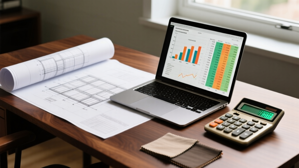 Architectural blueprints spread across a wooden desk alongside a detailed construction cost breakdown spreadsheet and a financial calculator