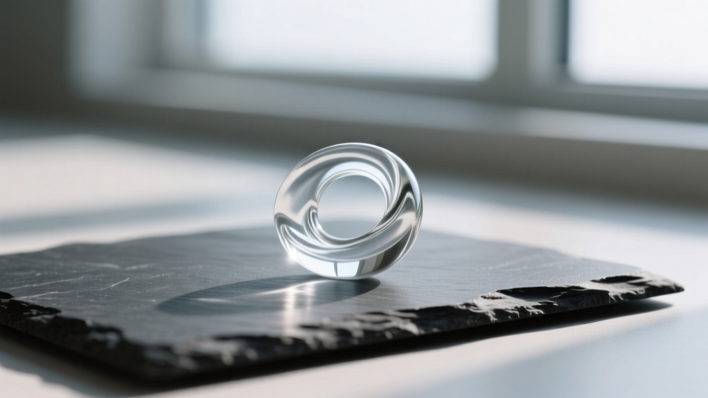 Clear borosilicate glass ear retainer resting on dark slate, showcasing its smooth, non-porous finish and subtle transparency.