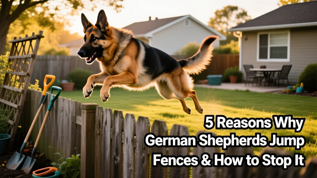 German Shepherd mid-leap over a wooden backyard fence, muscles taut and focused
