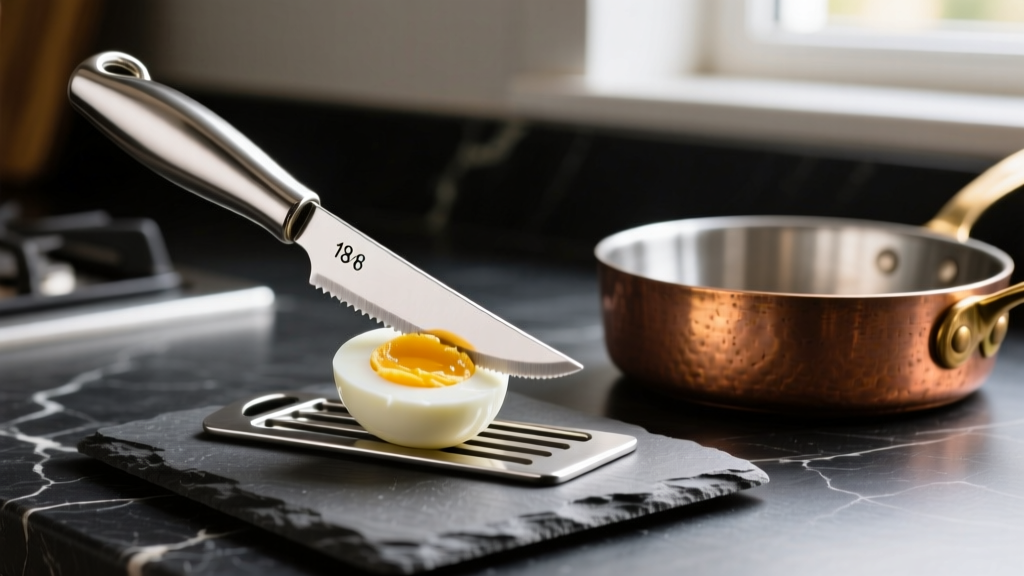 Polished 18/8 stainless steel egg slicer pressing down on a hard-boiled egg over a dark slate countertop next to a copper skillet