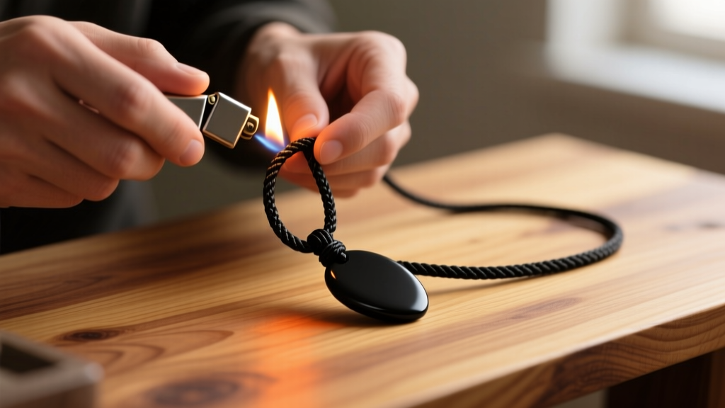 Hands using a lighter to melt frayed ends of a black waxed nylon sliding knot on a finished pendant necklace resting on a pine desk.