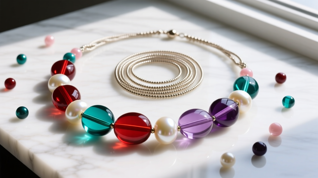 Flat lay of 2026 beaded necklace trends including chunky lucite beads, baroque pearls, and 49-strand beading wire on a marble surface.