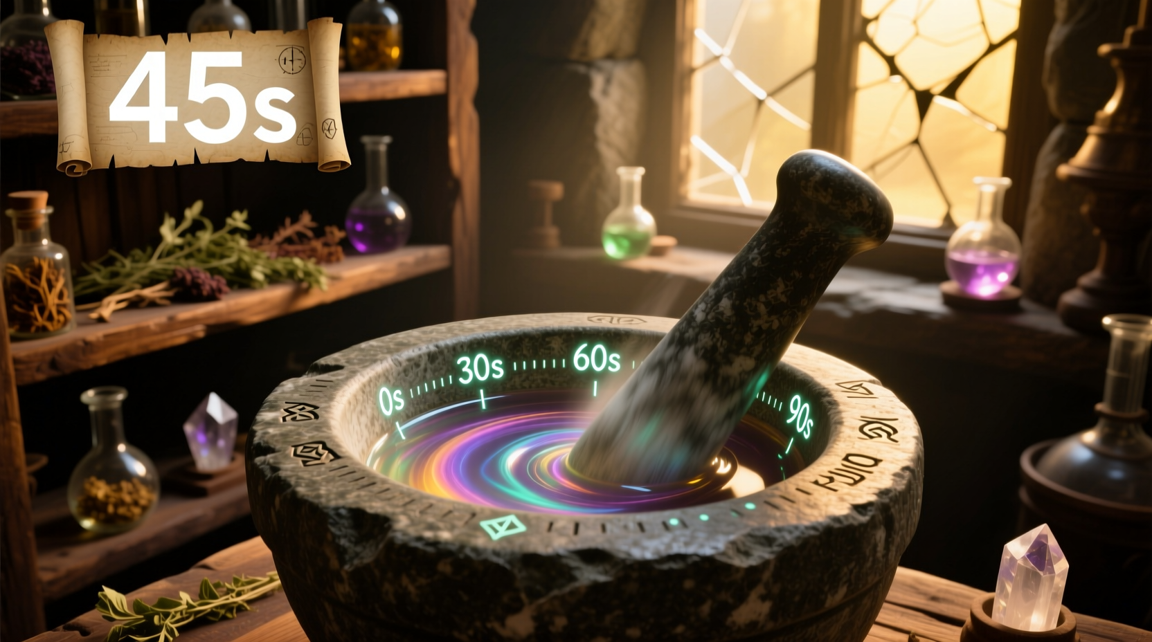 Potion Craft mortar timing visual guide showing optimal grinding intervals