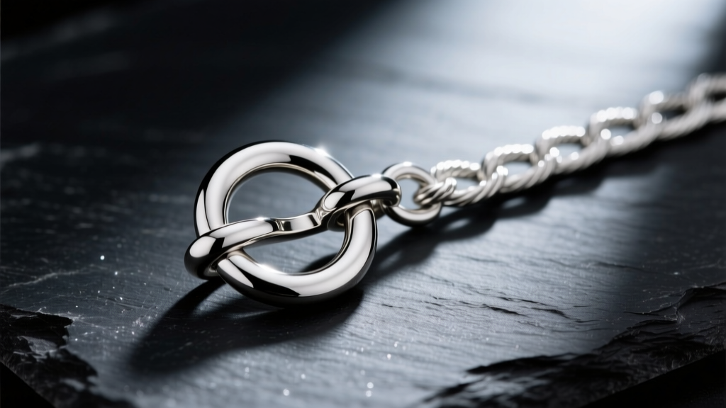 Sterling silver toggle clasp on dark slate, showing the T-bar to ring ratio next to a thick 2mm sterling silver cable chain link.