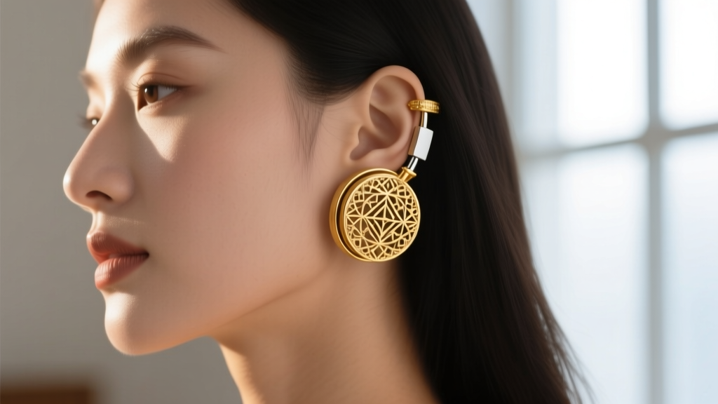 Close-up of an intricate gold over ear earring cuff wrapping around a model's helix cartilage, soft studio lighting, macro.