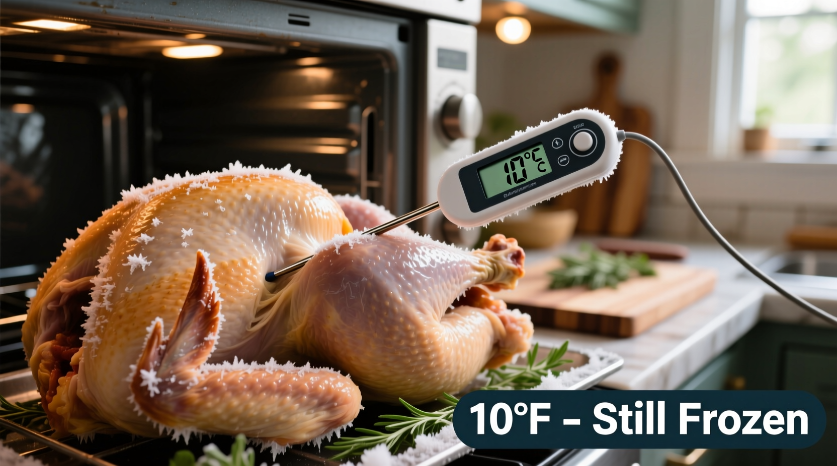 Oven thermometer checking frozen turkey temperature