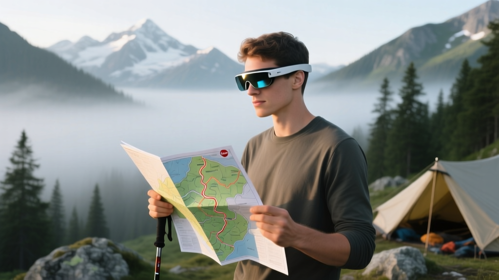 Tech enthusiast wearing lightweight AR smart glasses while reading a topographic trail map at a misty mountain basecamp