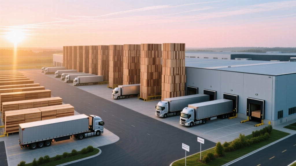 Aerial view of a modern regional building materials distribution hub with stacked lumber and loading trucks at dawn.