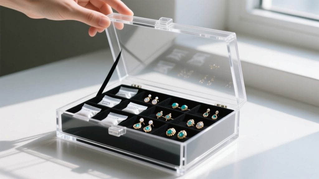 Open airtight acrylic storage box containing costume earrings, silica gel packets, and black anti-tarnish paper strips inside.