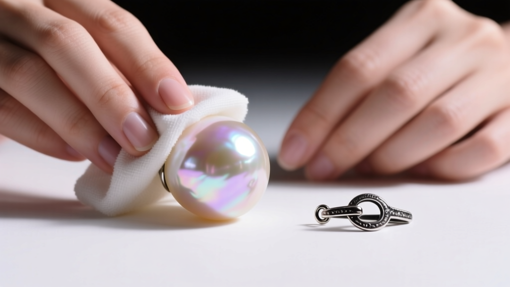 Hands wiping a large baroque freshwater pearl with a damp microfiber cloth, carefully avoiding the adjacent oxidized silver clasp.