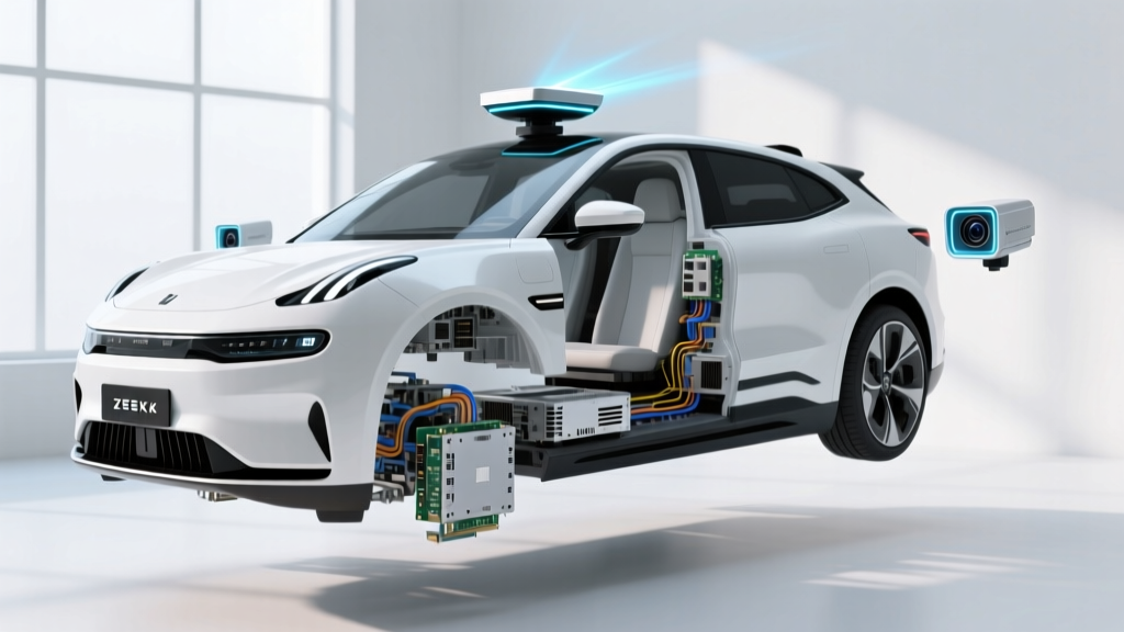 Exploded 3D technical diagram of a white Zeekr RT autonomous vehicle showing roof-mounted lidar, side cameras, and underbody compute units in a bright studio