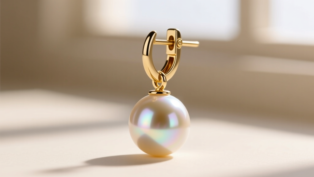 Close-up of a heavy pearl drop earring with an 18-gauge gold post and secure leverback closure mechanism on a neutral background.