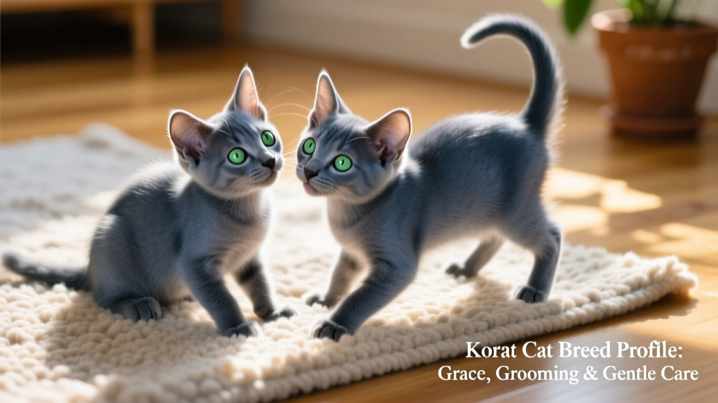 Two Korat kittens playing gently together on a sunlit rug, showcasing their sleek blue-gray coats, large expressive eyes, and playful yet dignified demeanor